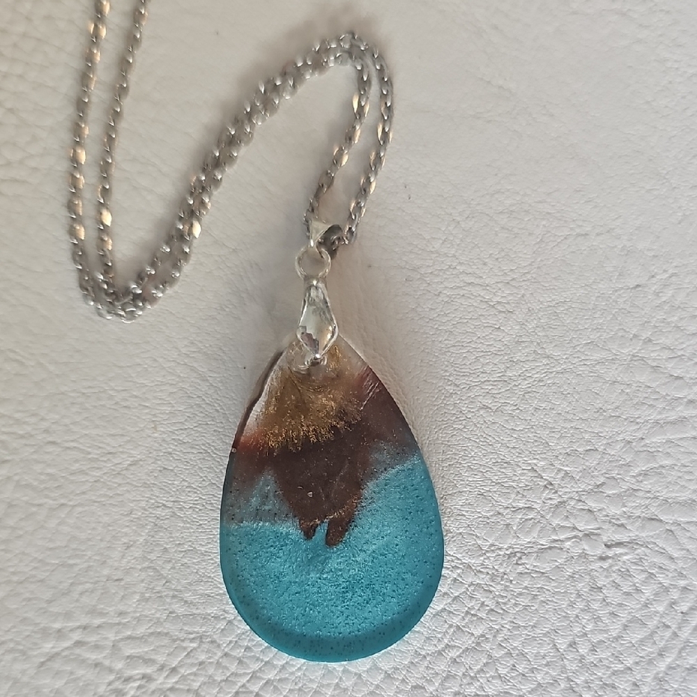 Hand Crafted Teal and Brown Pendant Necklace - Picture 2 of 3